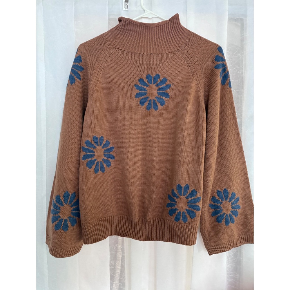 Brown Floral Mock Neck Raglan Bell Sleeve Knit Sweater Large - Picture 3 of 4